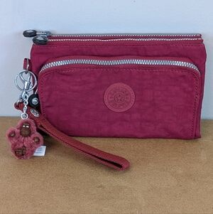Kipling | Red Wine Coloured Travel Clutch, Zippered Snap Fold Wallet / Wristlet